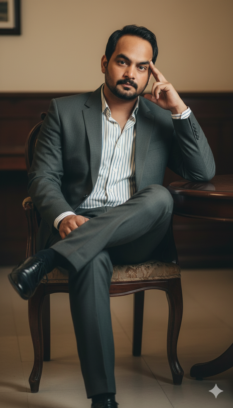 Wearing a tailored charcoal gray suit