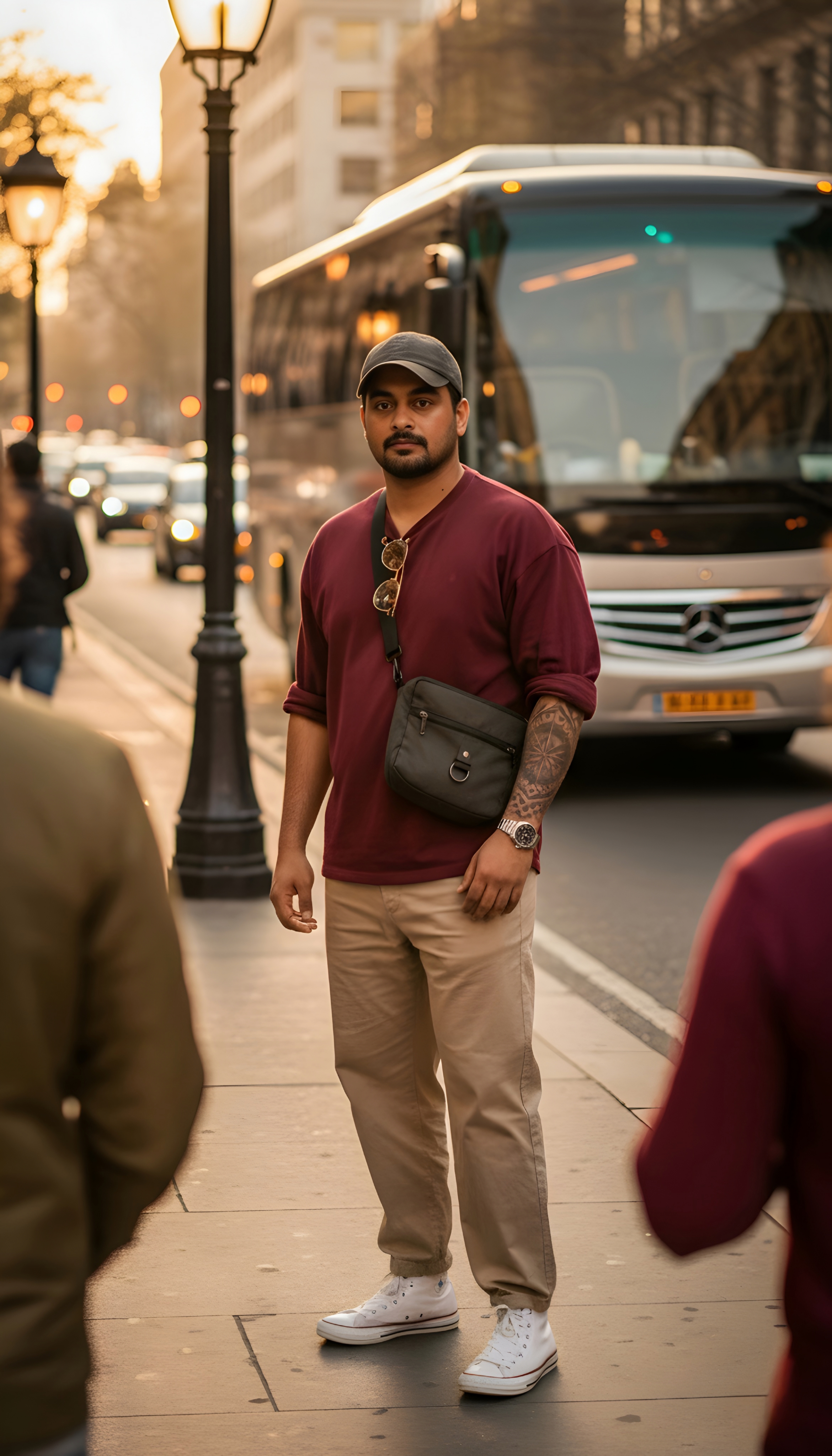 Standing on urban sidewalk