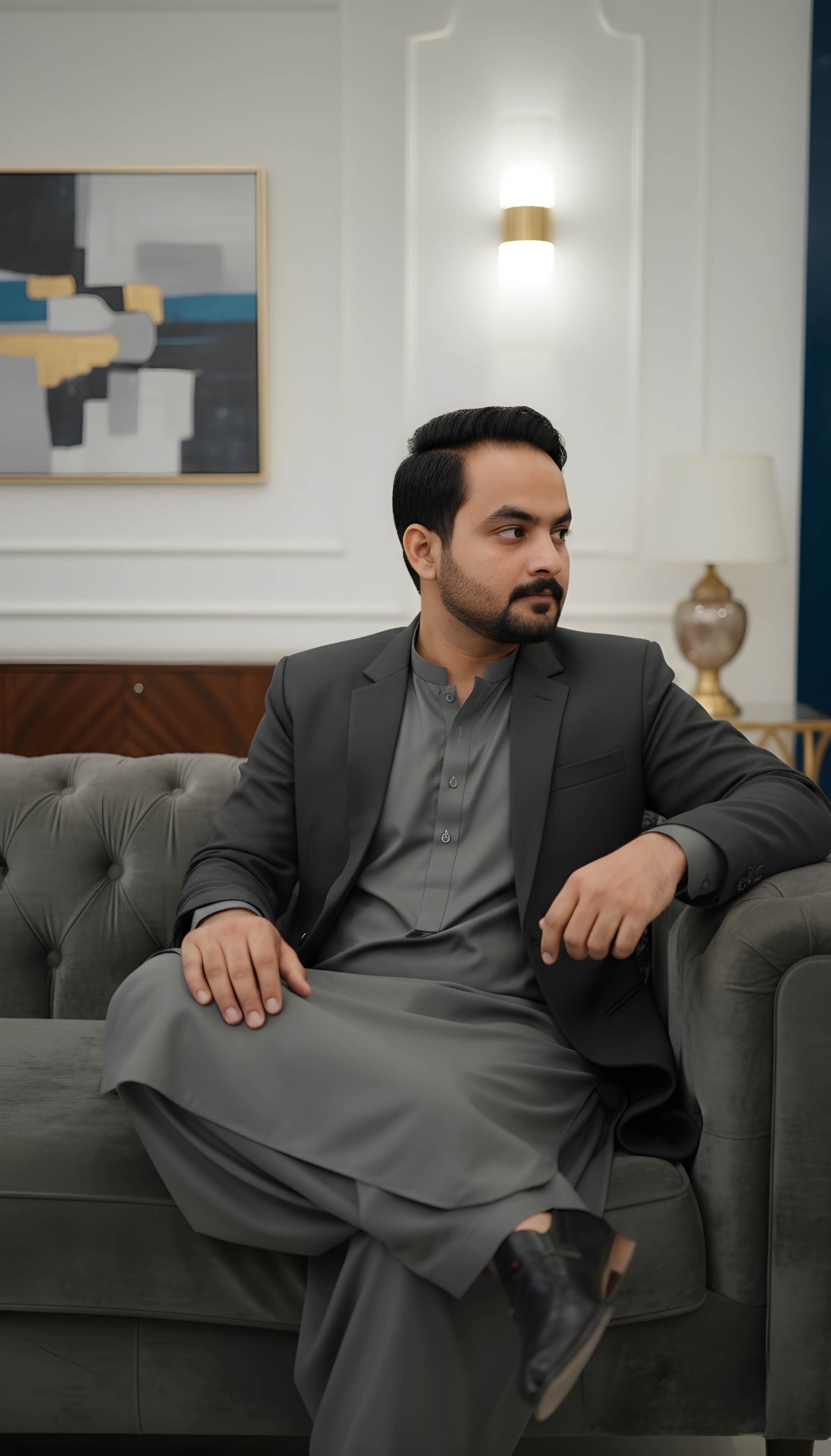 Sitting At Velvet Sofa