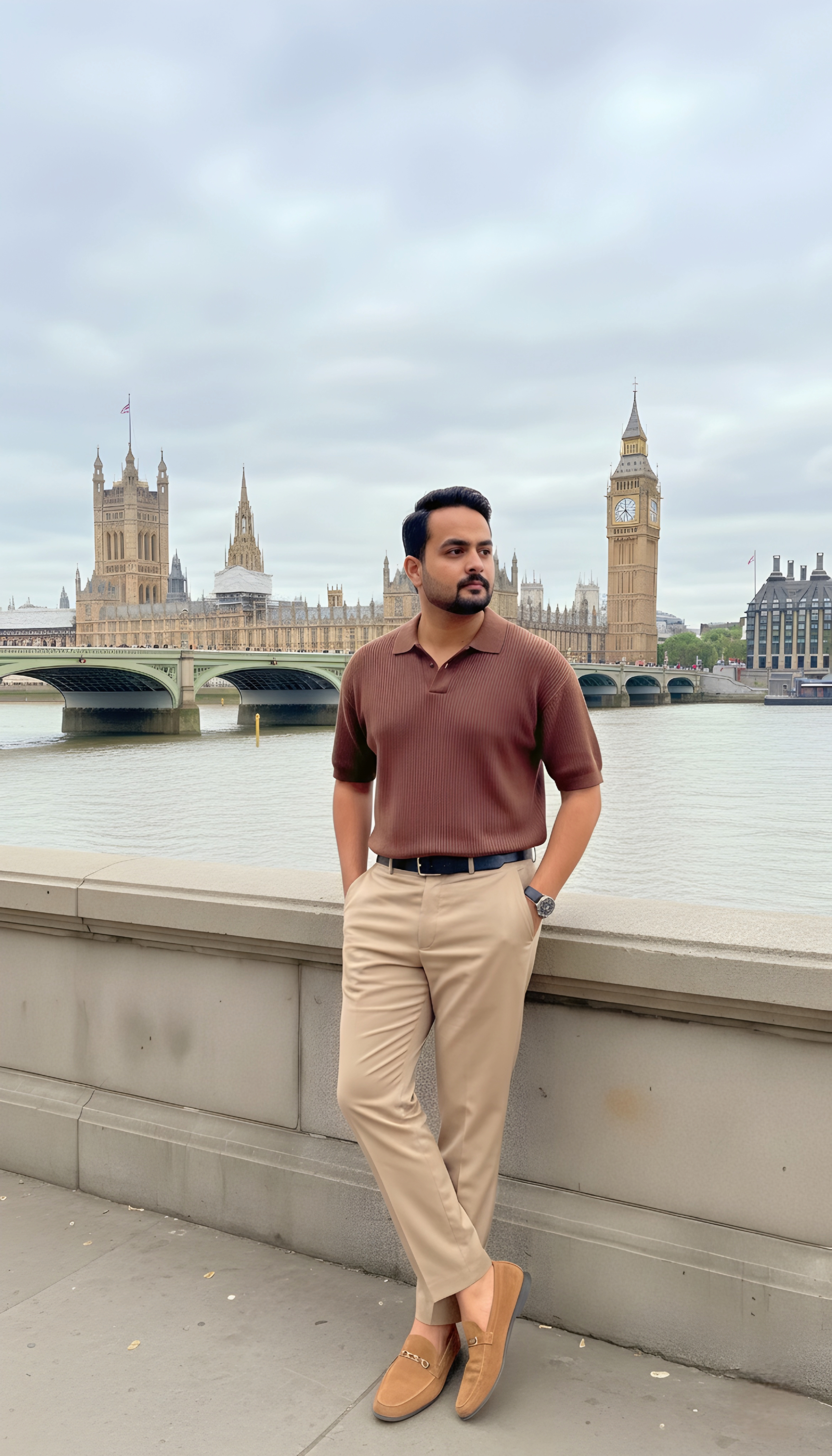 Man standing confidently by the Thames River in London
