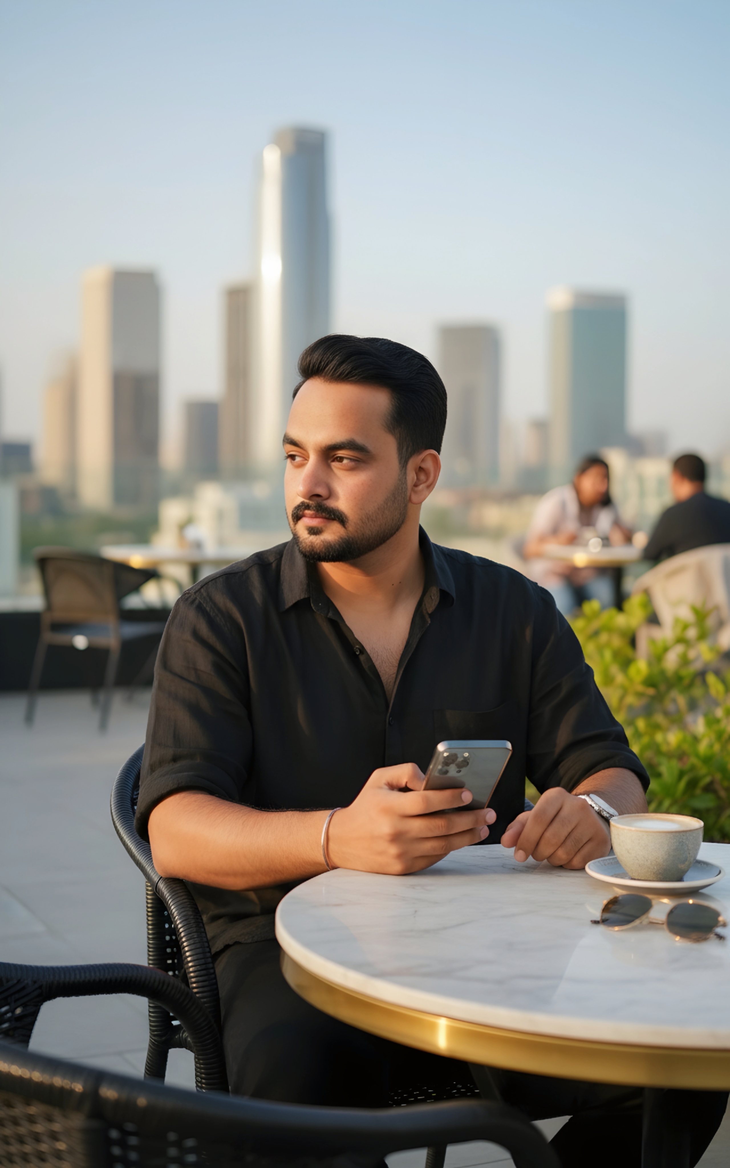 Man sitting casually on a rooftop café